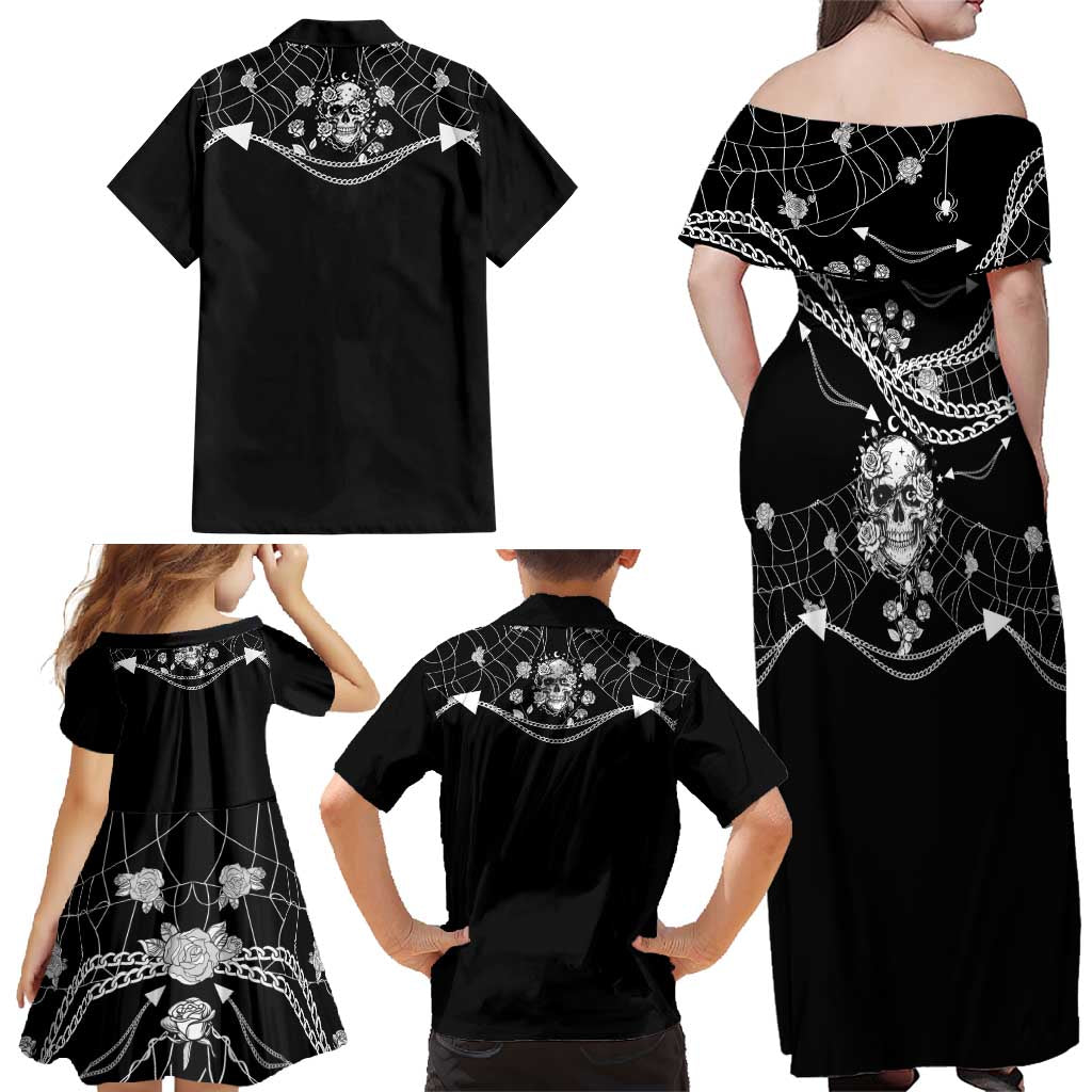 Western Gothic Yoke Family Matching Off Shoulder Maxi Dress and Hawaiian Shirt Skull Rose With Spider - Wonder Print Shop