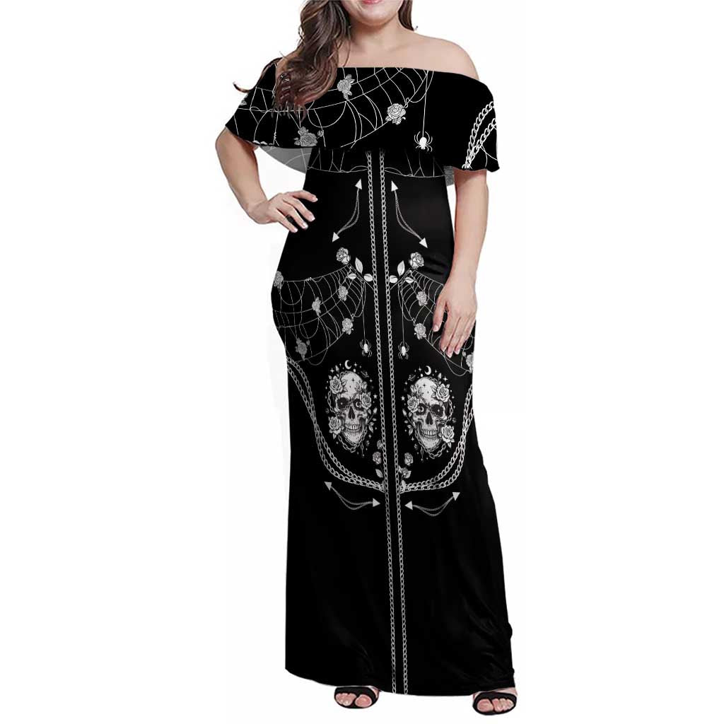 Western Gothic Yoke Family Matching Off Shoulder Maxi Dress and Hawaiian Shirt Skull Rose With Spider - Wonder Print Shop