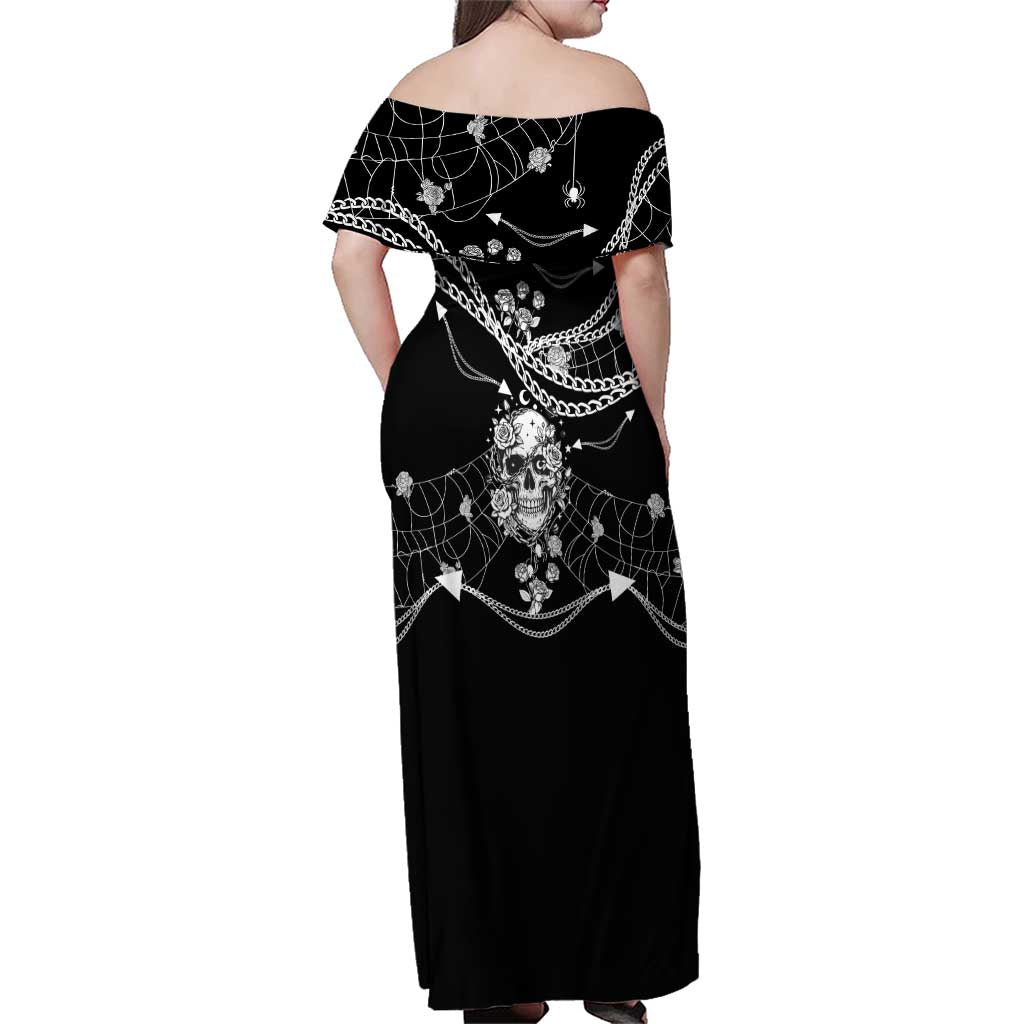 Western Gothic Yoke Family Matching Off Shoulder Maxi Dress and Hawaiian Shirt Skull Rose With Spider - Wonder Print Shop
