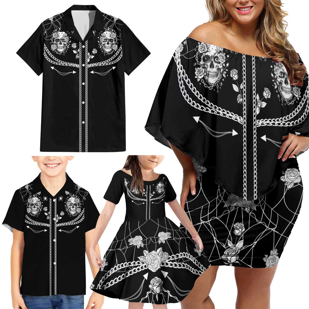 Western Gothic Yoke Family Matching Off Shoulder Short Dress and Hawaiian Shirt Skull Rose With Spider - Wonder Print Shop