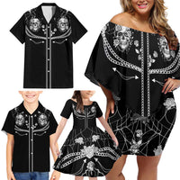 Western Gothic Yoke Family Matching Off Shoulder Short Dress and Hawaiian Shirt Skull Rose With Spider - Wonder Print Shop