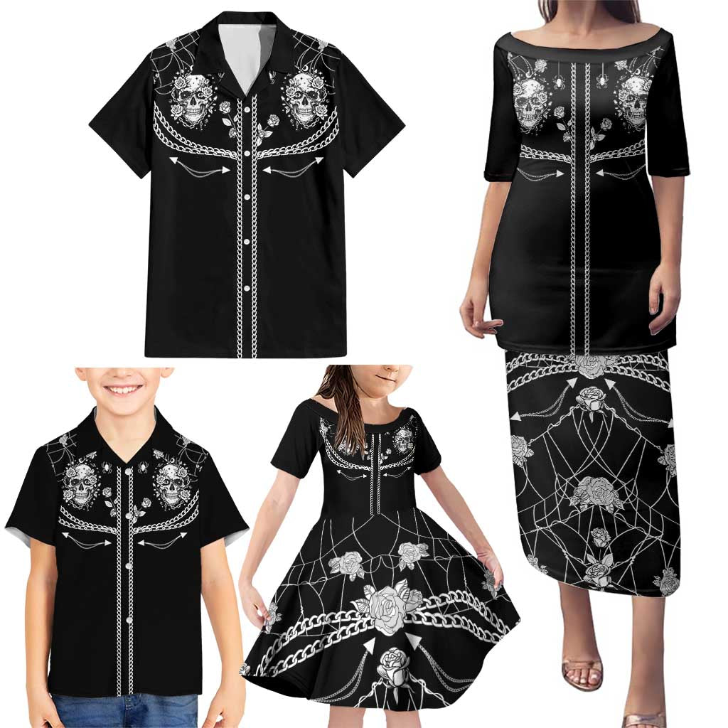 Western Gothic Yoke Family Matching Puletasi and Hawaiian Shirt Skull Rose With Spider - Wonder Print Shop