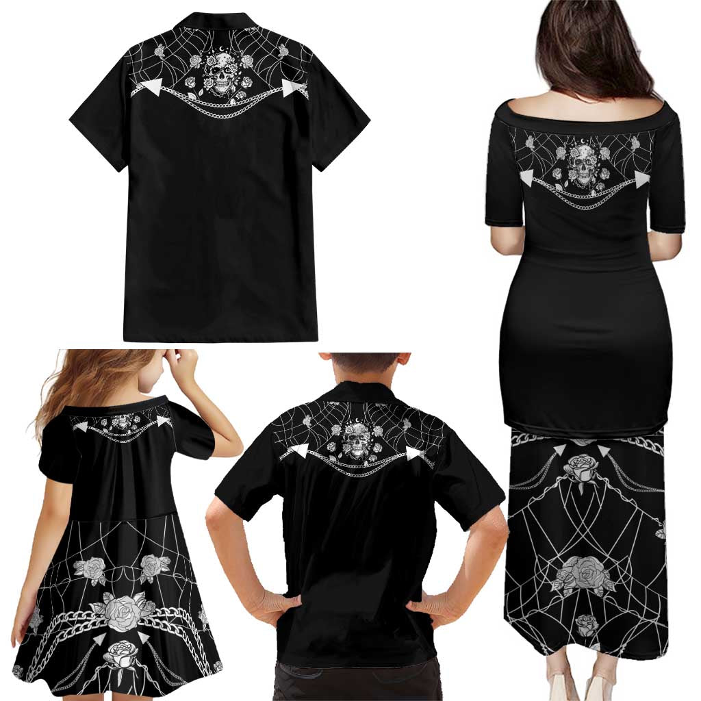 Western Gothic Yoke Family Matching Puletasi and Hawaiian Shirt Skull Rose With Spider - Wonder Print Shop