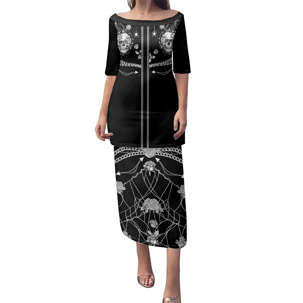 Western Gothic Yoke Family Matching Puletasi and Hawaiian Shirt Skull Rose With Spider - Wonder Print Shop
