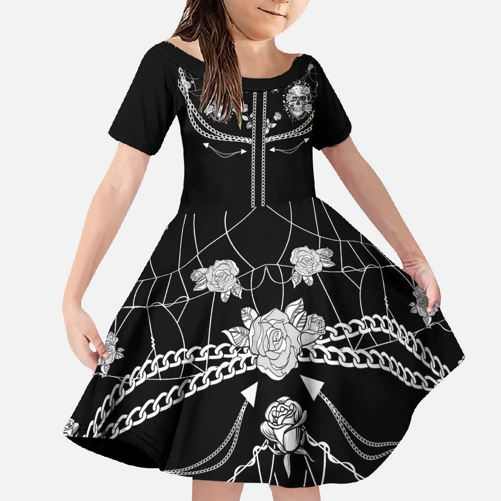 Western Gothic Yoke Family Matching Short Sleeve Bodycon Dress and Hawaiian Shirt Skull Rose With Spider - Wonder Print Shop