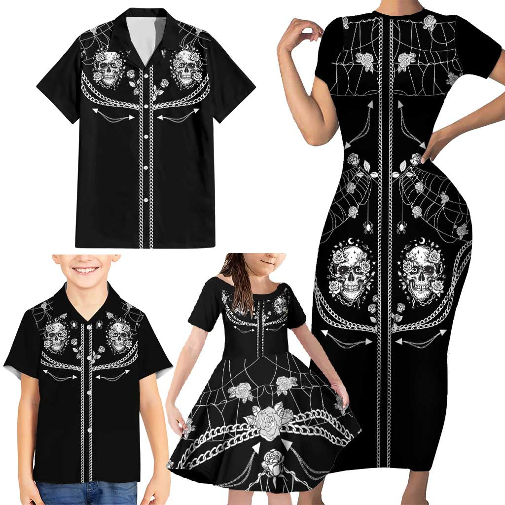 Western Gothic Yoke Family Matching Short Sleeve Bodycon Dress and Hawaiian Shirt Skull Rose With Spider - Wonder Print Shop