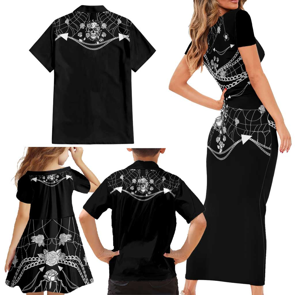 Western Gothic Yoke Family Matching Short Sleeve Bodycon Dress and Hawaiian Shirt Skull Rose With Spider - Wonder Print Shop