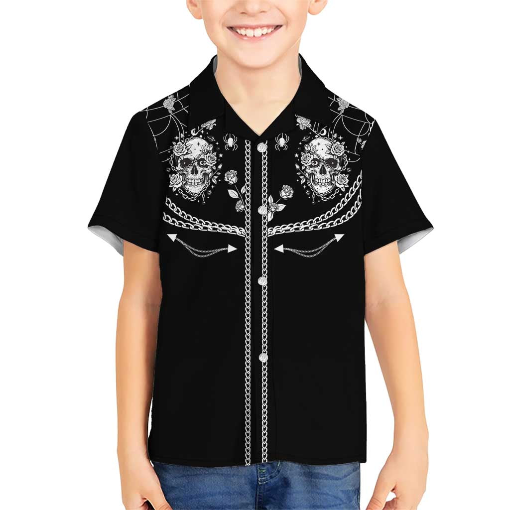 Western Gothic Yoke Family Matching Short Sleeve Bodycon Dress and Hawaiian Shirt Skull Rose With Spider - Wonder Print Shop