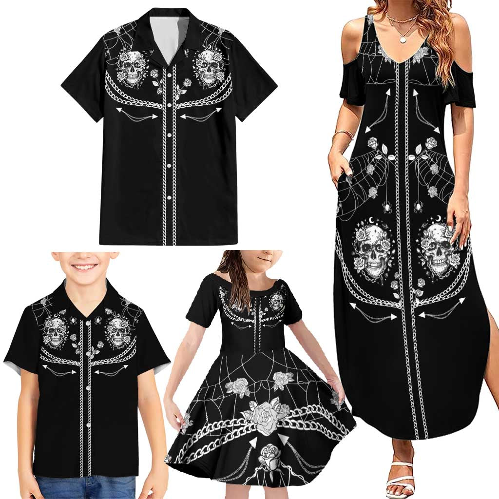 Western Gothic Yoke Family Matching Summer Maxi Dress and Hawaiian Shirt Skull Rose With Spider - Wonder Print Shop