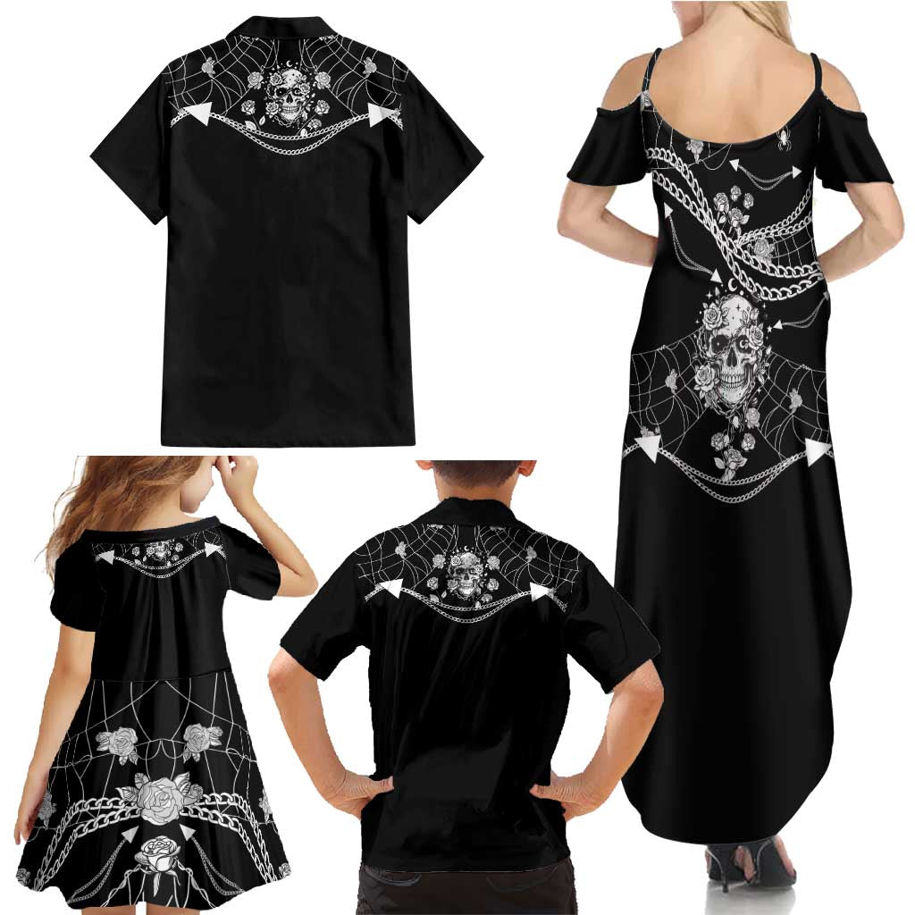 Western Gothic Yoke Family Matching Summer Maxi Dress and Hawaiian Shirt Skull Rose With Spider - Wonder Print Shop