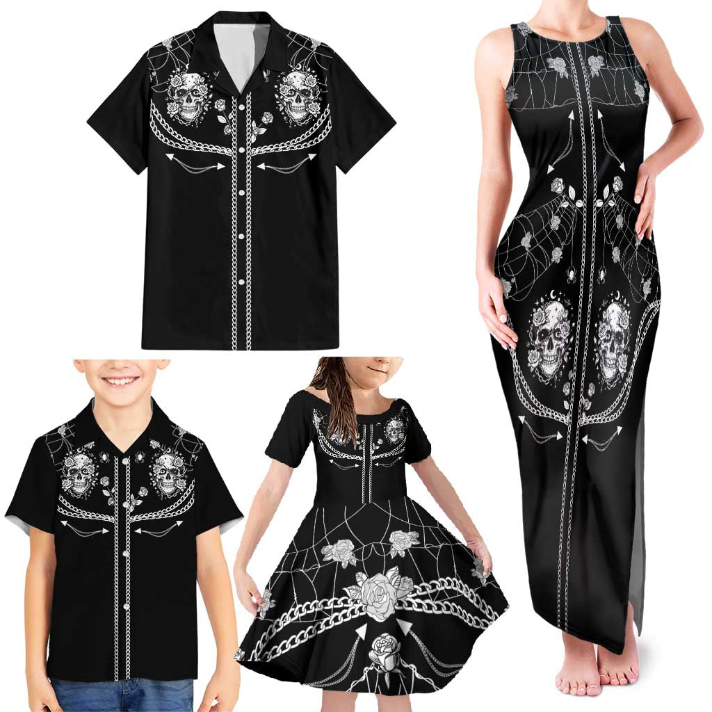 Western Gothic Yoke Family Matching Tank Maxi Dress and Hawaiian Shirt Skull Rose With Spider - Wonder Print Shop