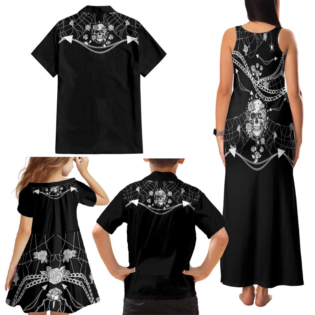 Western Gothic Yoke Family Matching Tank Maxi Dress and Hawaiian Shirt Skull Rose With Spider - Wonder Print Shop