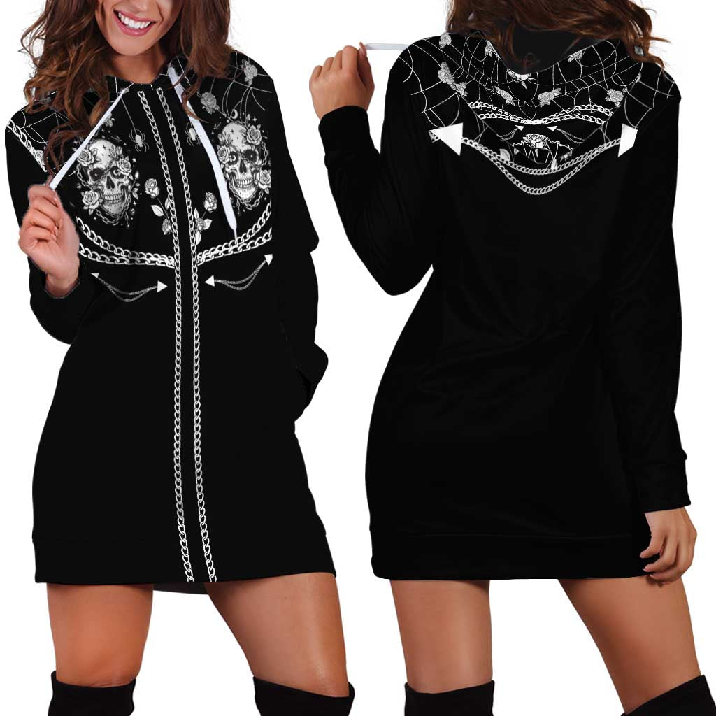 Western Gothic Yoke Hoodie Dress Skull Rose With Spider - Wonder Print Shop