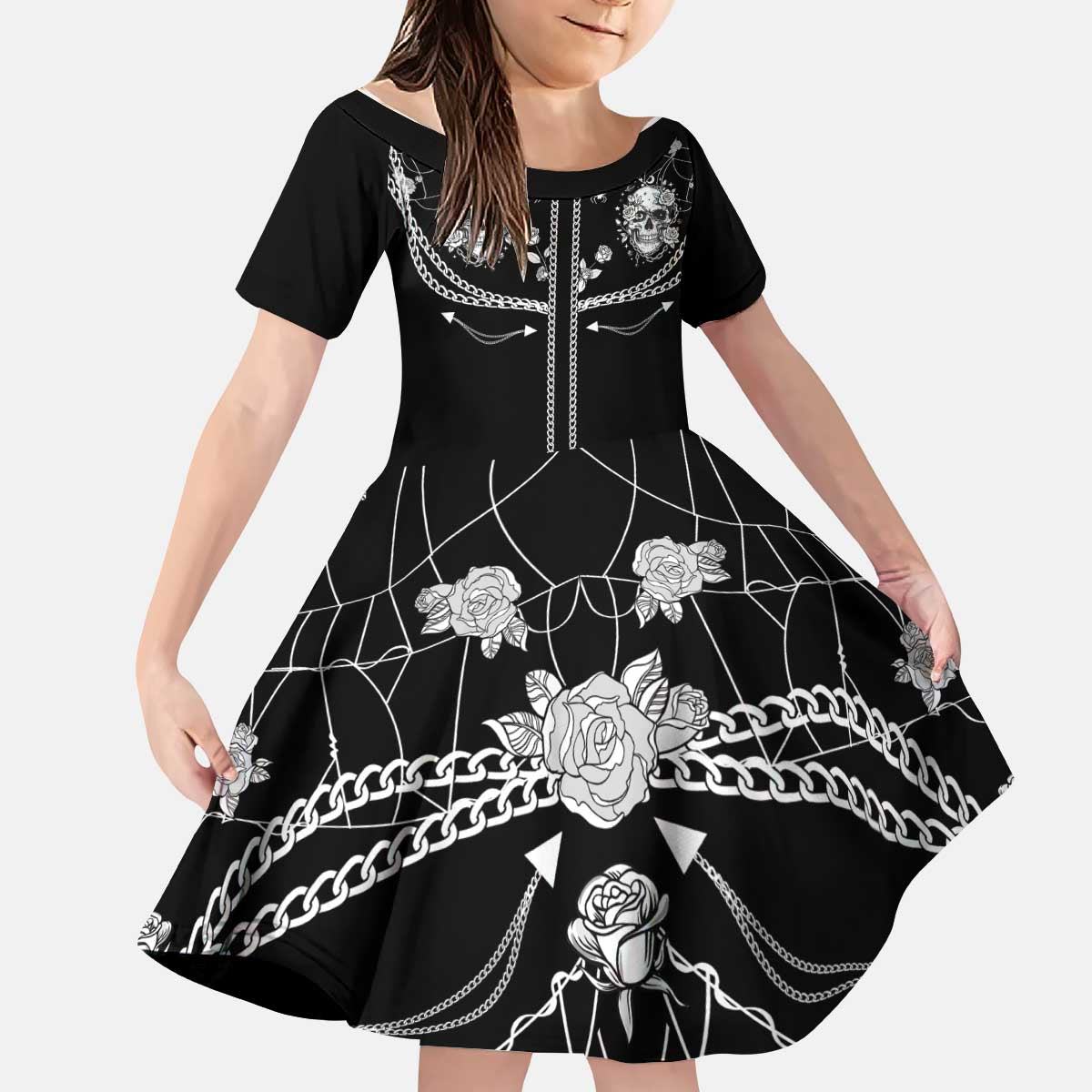 Western Gothic Yoke Kid Short Sleeve Dress Skull Rose With Spider - Wonder Print Shop
