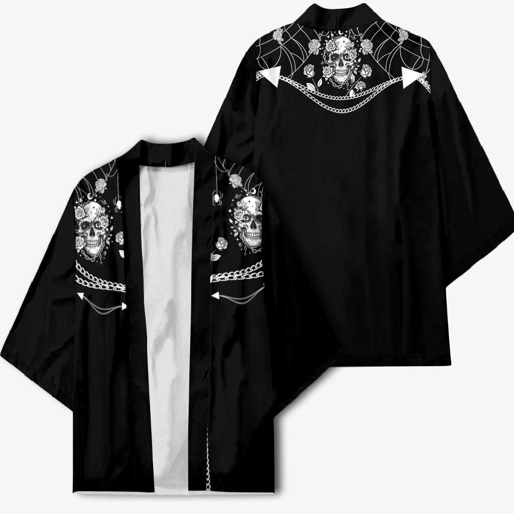 Western Gothic Yoke Kimono Skull Rose With Spider - Wonder Print Shop