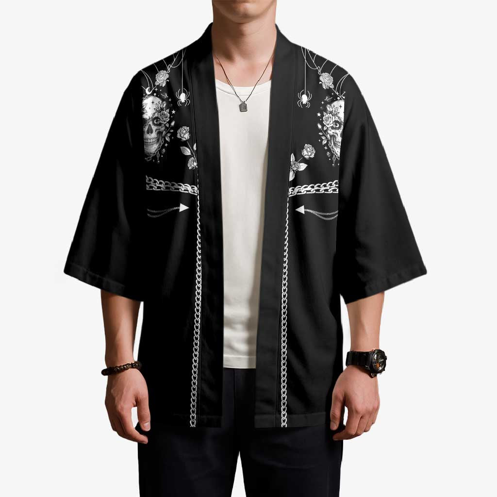 Western Gothic Yoke Kimono Skull Rose With Spider - Wonder Print Shop