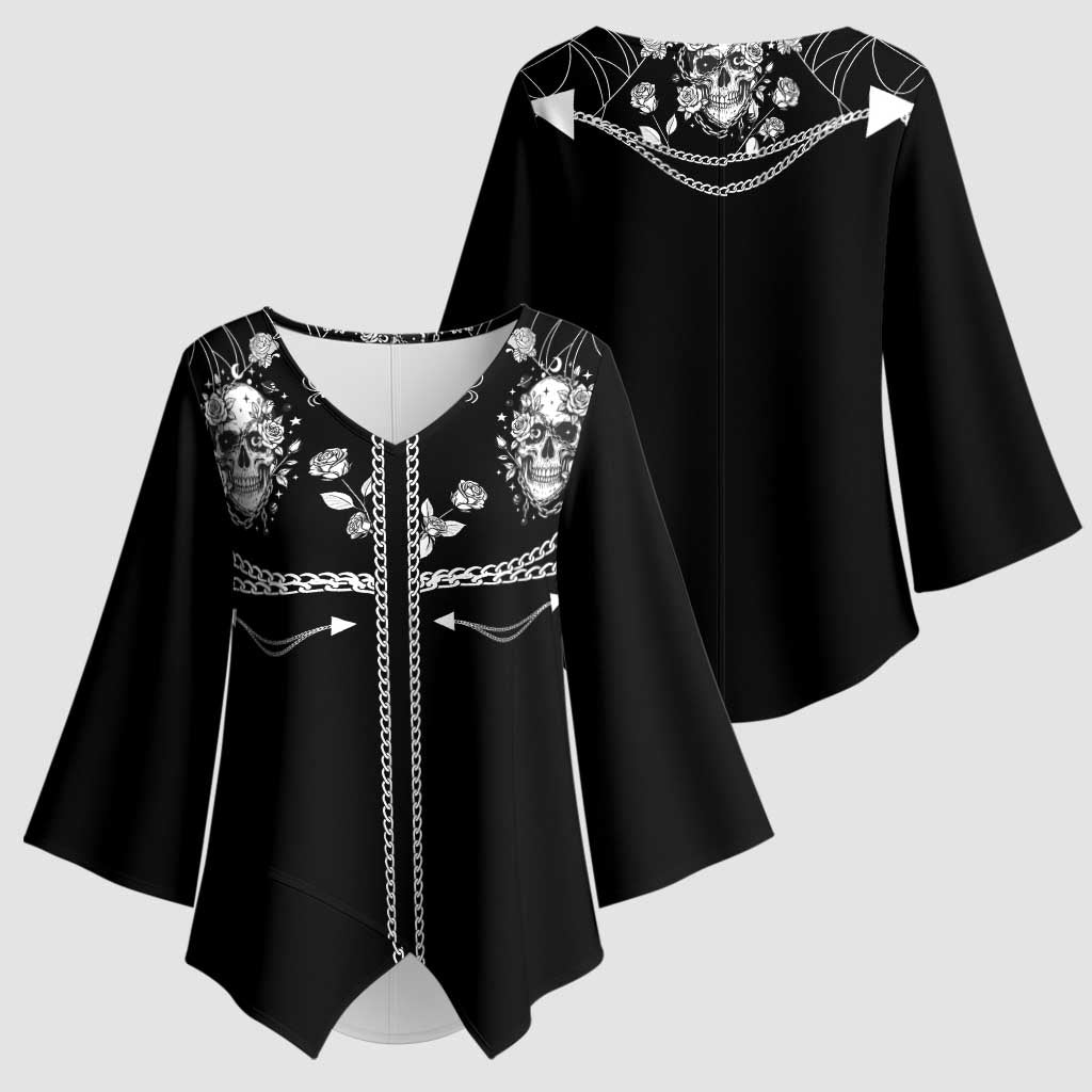 Western Gothic Yoke Kimono Sleeve Blouse Skull Rose With Spider - Wonder Print Shop