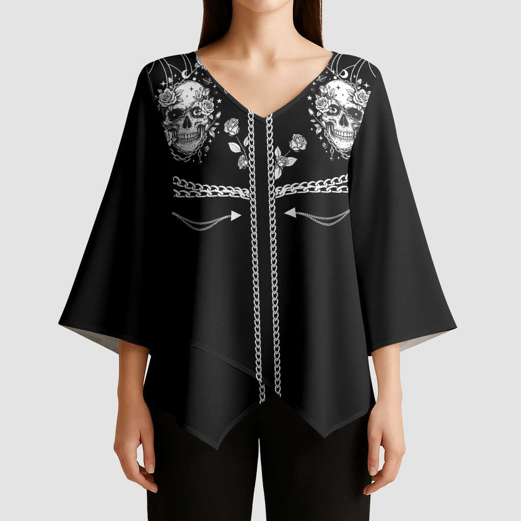 Western Gothic Yoke Kimono Sleeve Blouse Skull Rose With Spider - Wonder Print Shop