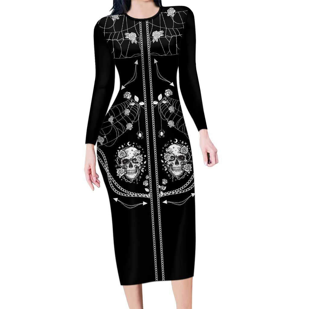 Western Gothic Yoke Long Sleeve Bodycon Dress Skull Rose With Spider - Wonder Print Shop