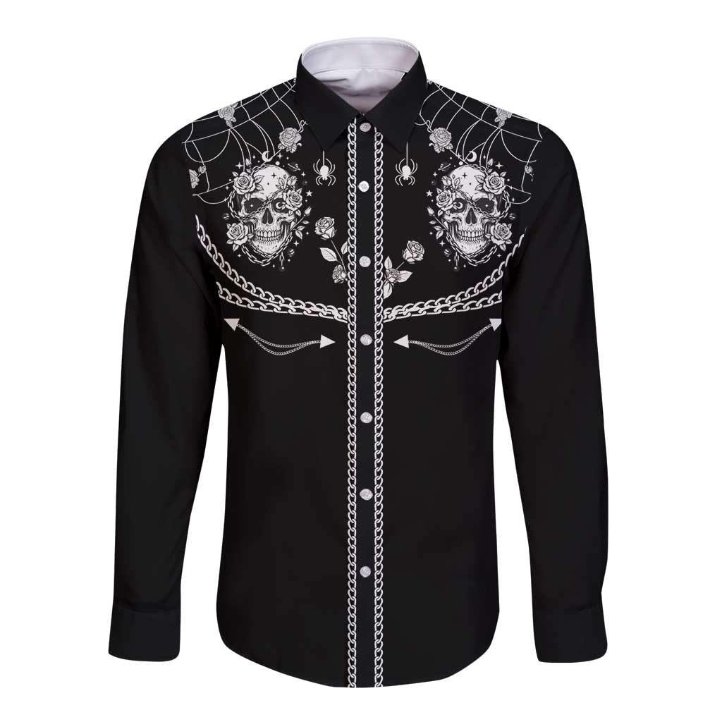 Western Gothic Yoke Long Sleeve Button Shirt Skull Rose With Spider - Wonder Print Shop