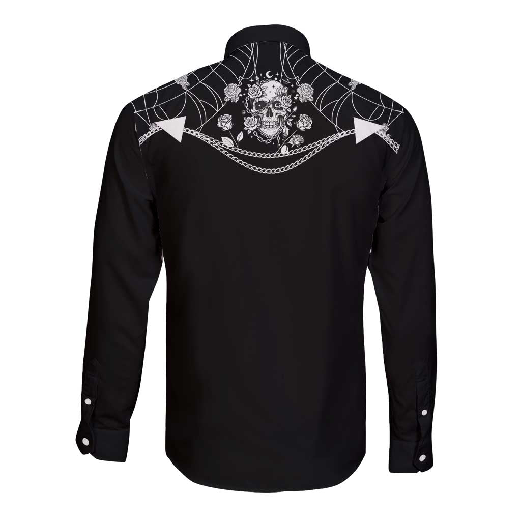Western Gothic Yoke Long Sleeve Button Shirt Skull Rose With Spider - Wonder Print Shop