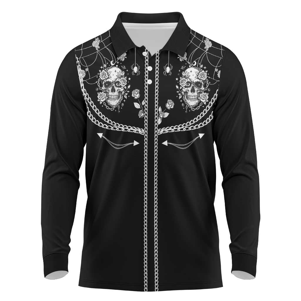 Western Gothic Yoke Long Sleeve Polo Shirt Skull Rose With Spider - Wonder Print Shop