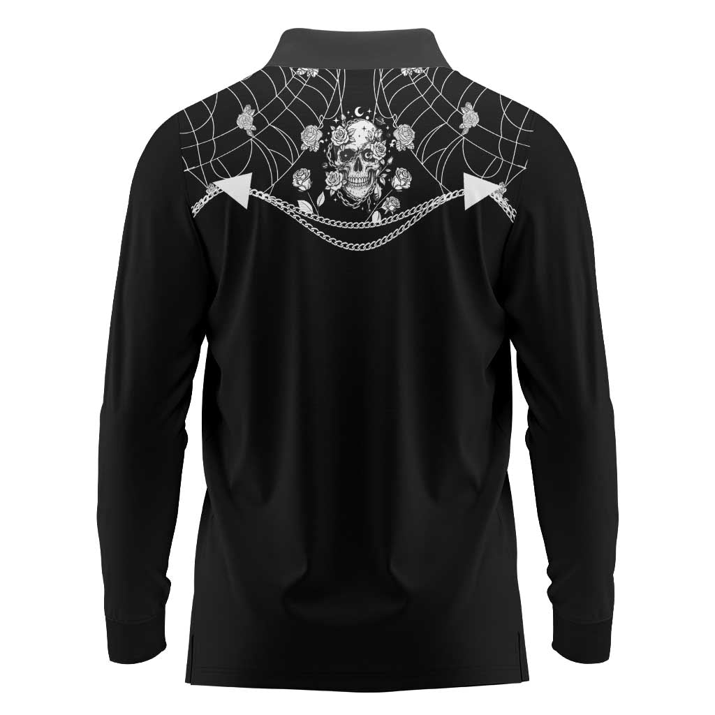 Western Gothic Yoke Long Sleeve Polo Shirt Skull Rose With Spider - Wonder Print Shop