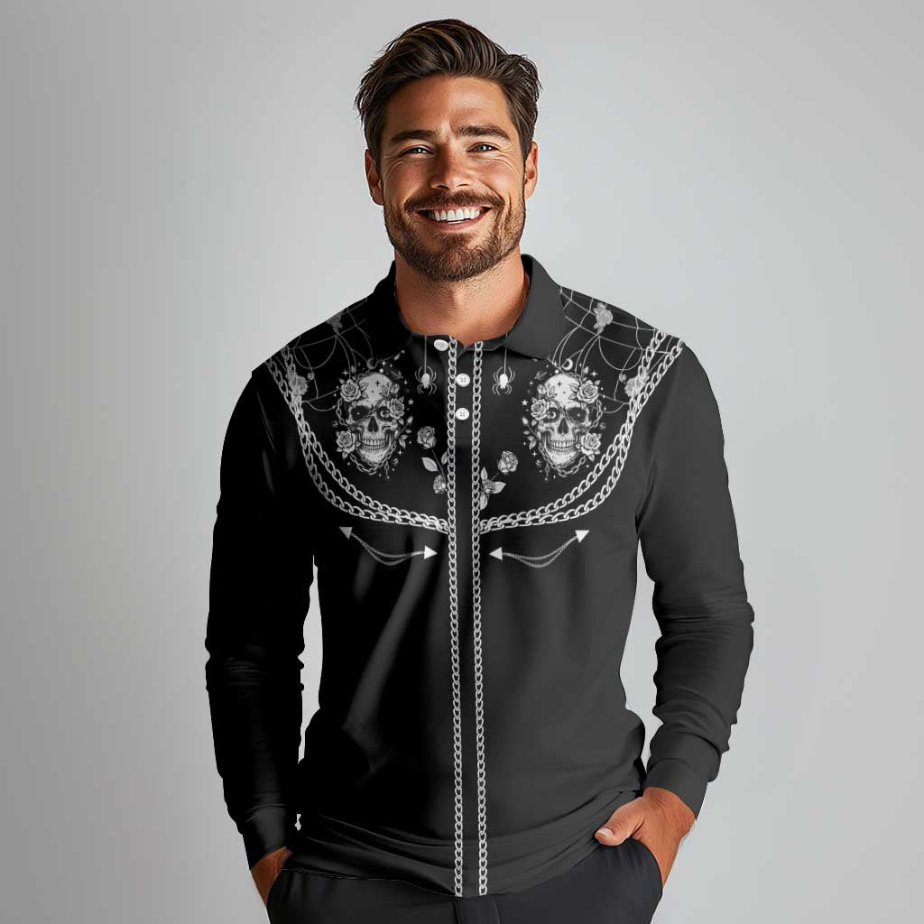 Western Gothic Yoke Long Sleeve Polo Shirt Skull Rose With Spider - Wonder Print Shop