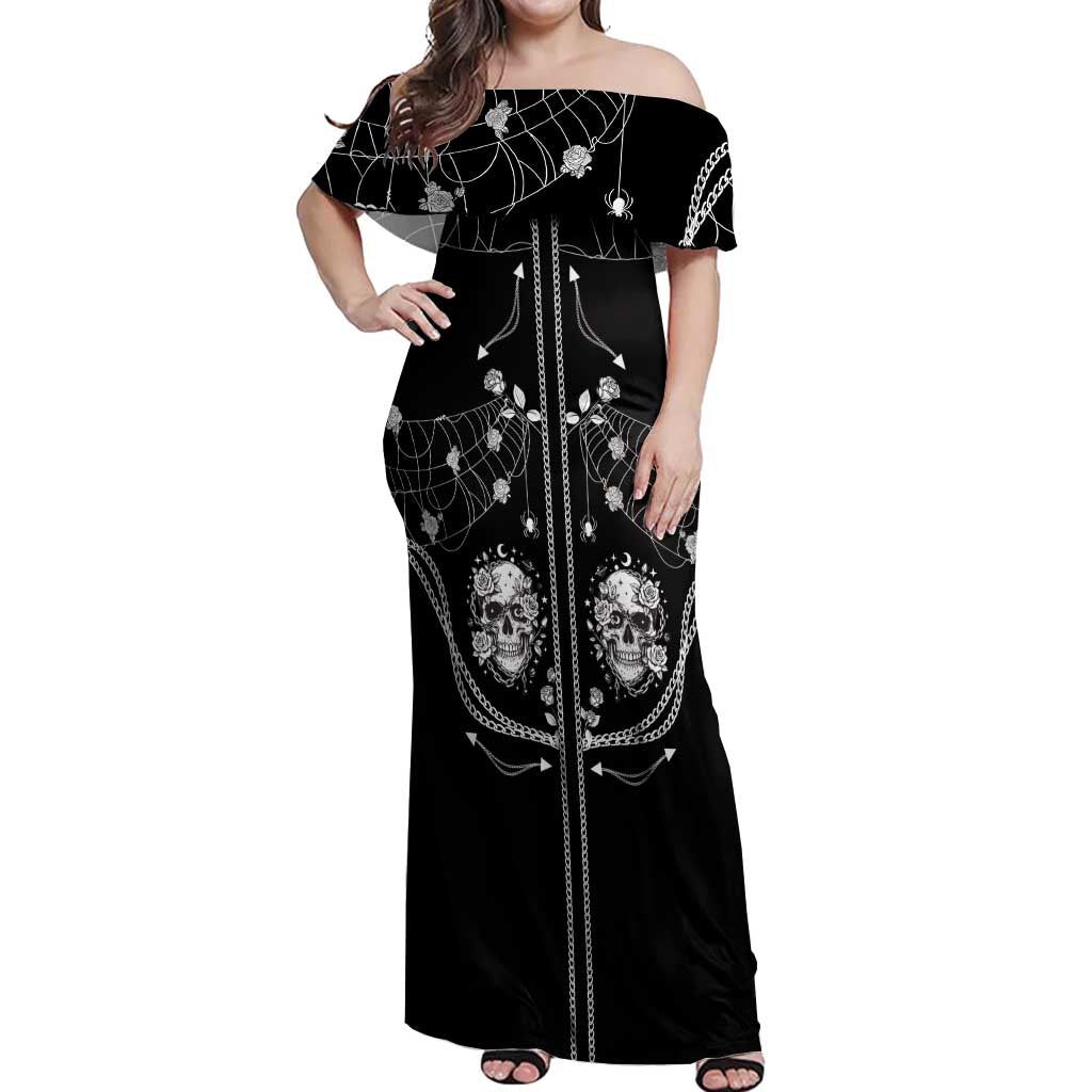 Western Gothic Yoke Off Shoulder Maxi Dress Skull Rose With Spider - Wonder Print Shop