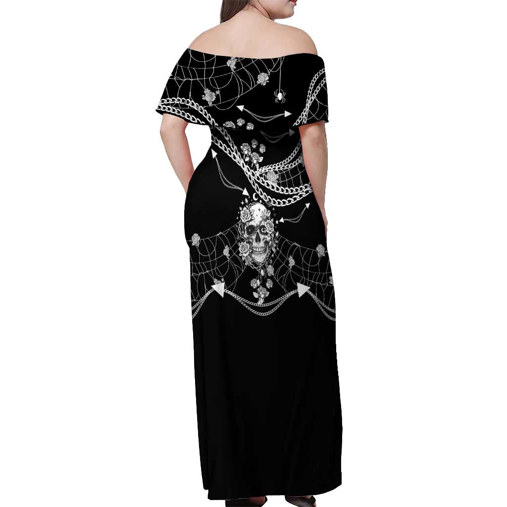 Western Gothic Yoke Off Shoulder Maxi Dress Skull Rose With Spider - Wonder Print Shop