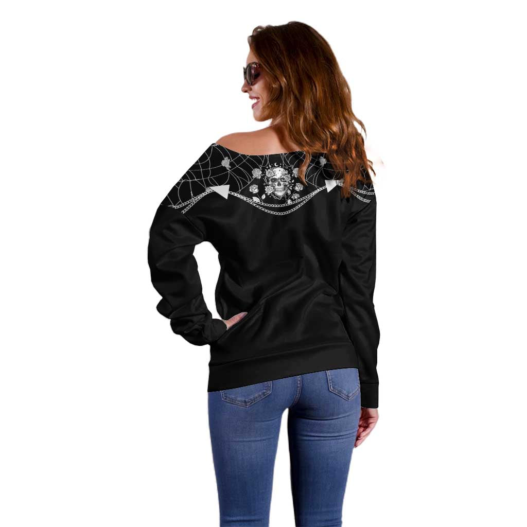 Western Gothic Yoke Off Shoulder Sweater Skull Rose With Spider - Wonder Print Shop