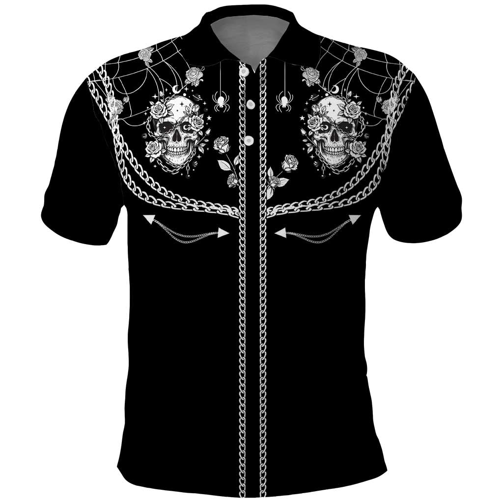 Western Gothic Yoke Polo Shirt Skull Rose With Spider - Wonder Print Shop