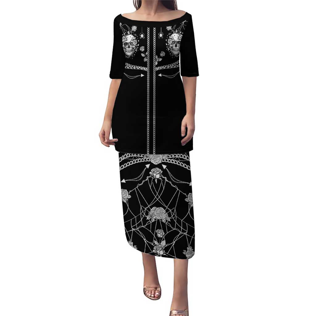 Western Gothic Yoke Puletasi Skull Rose With Spider - Wonder Print Shop