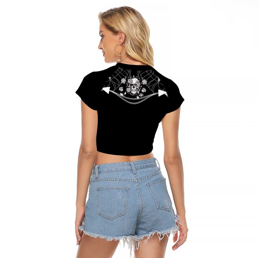 Western Gothic Yoke Raglan Cropped T Shirt Skull Rose With Spider - Wonder Print Shop