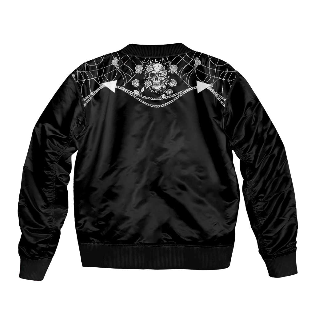 Western Gothic Yoke Sleeve Zip Bomber Jacket Skull Rose With Spider - Wonder Print Shop