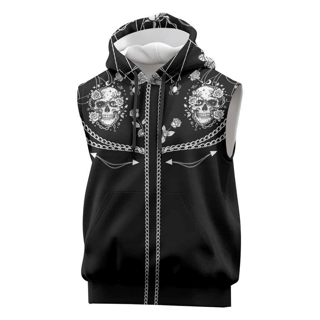 Western Gothic Yoke Sleeveless Hoodie Skull Rose With Spider - Wonder Print Shop