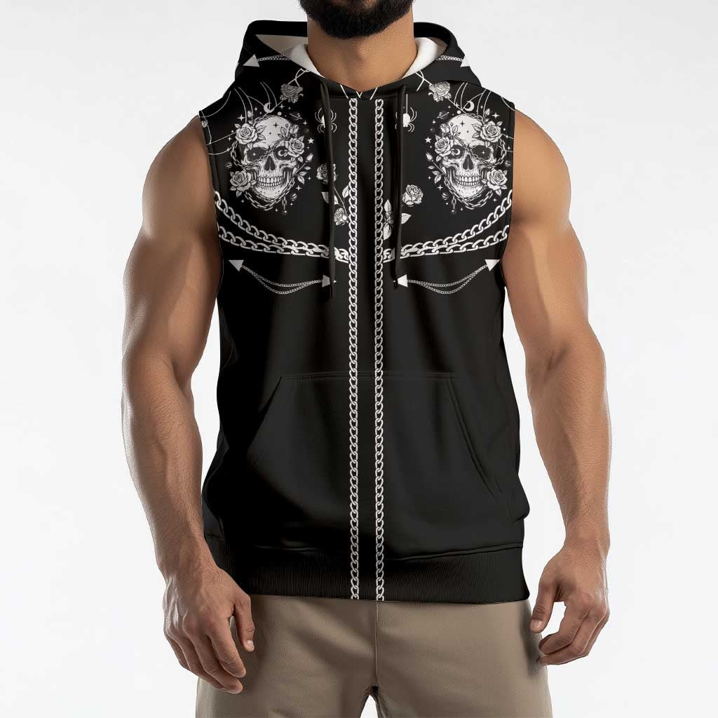 Western Gothic Yoke Sleeveless Hoodie Skull Rose With Spider - Wonder Print Shop