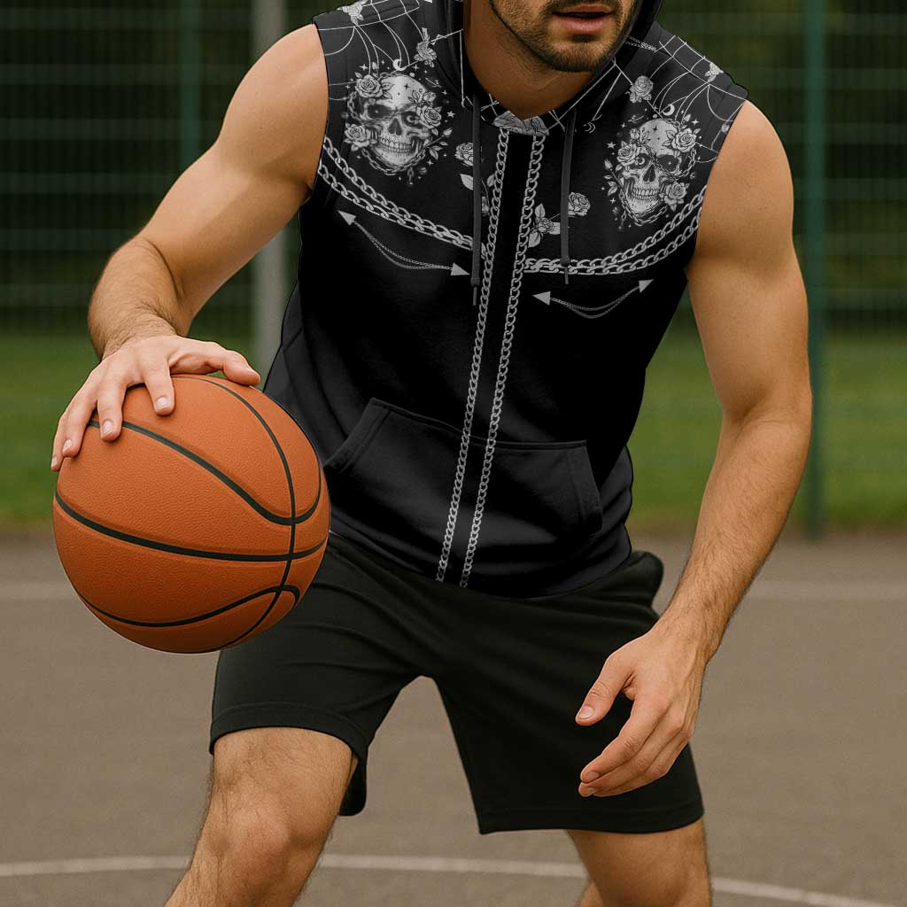 Western Gothic Yoke Sleeveless Hoodie Skull Rose With Spider - Wonder Print Shop