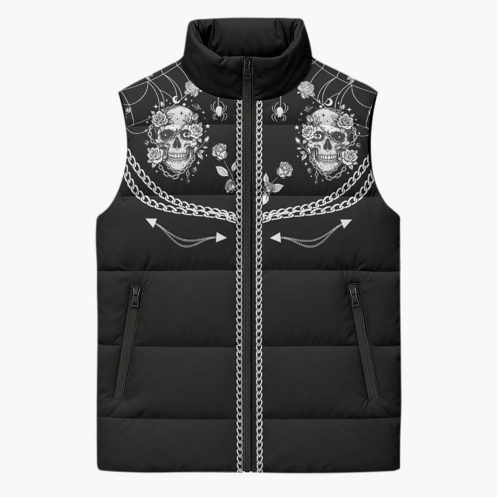 Western Gothic Yoke Sleeveless Puffer Jacket Skull Rose With Spider - Wonder Print Shop
