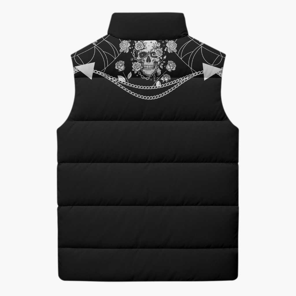 Western Gothic Yoke Sleeveless Puffer Jacket Skull Rose With Spider - Wonder Print Shop