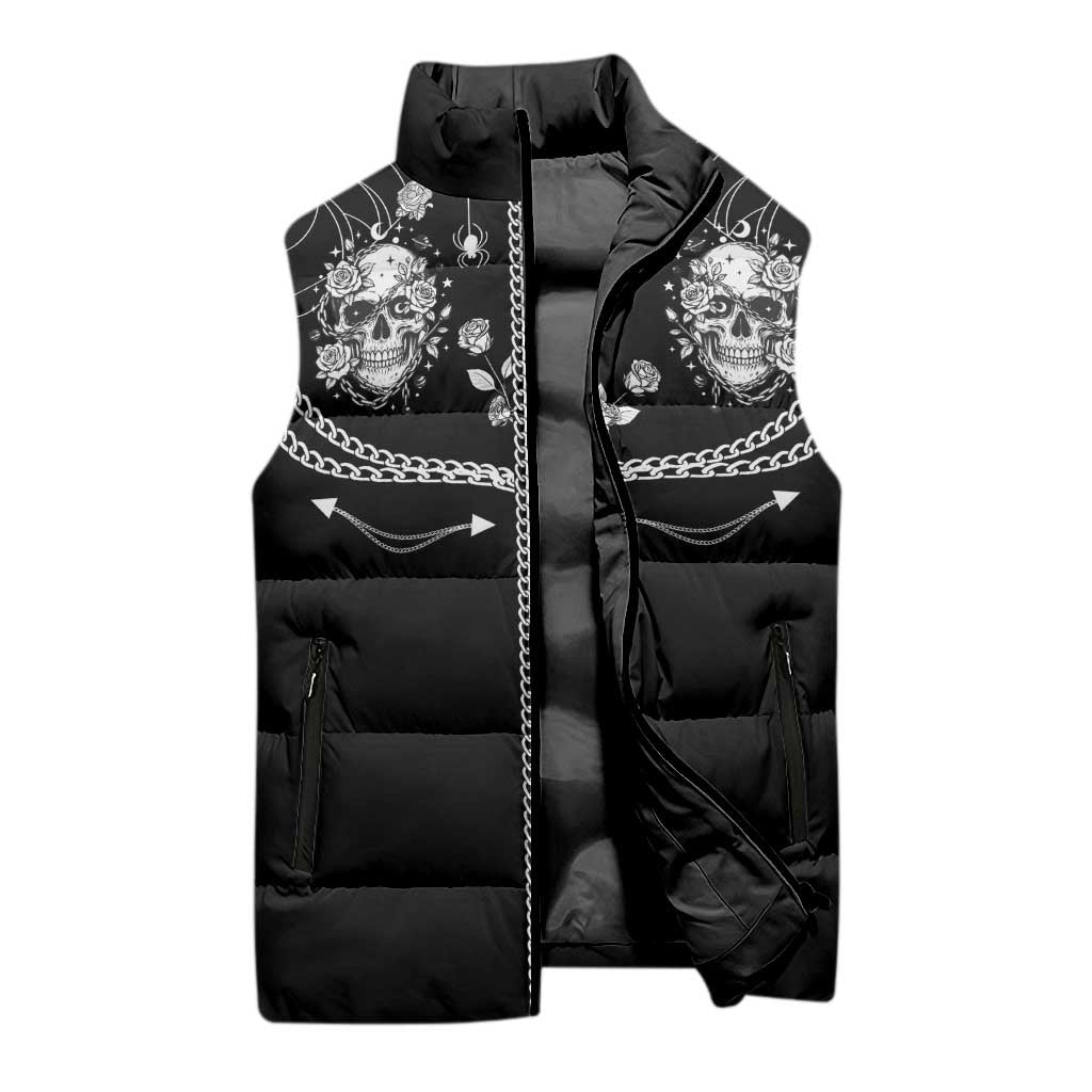 Western Gothic Yoke Sleeveless Puffer Jacket Skull Rose With Spider - Wonder Print Shop
