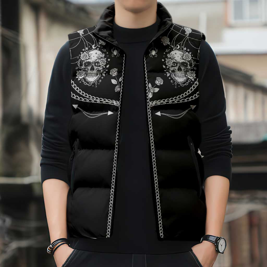 Western Gothic Yoke Sleeveless Puffer Jacket Skull Rose With Spider - Wonder Print Shop