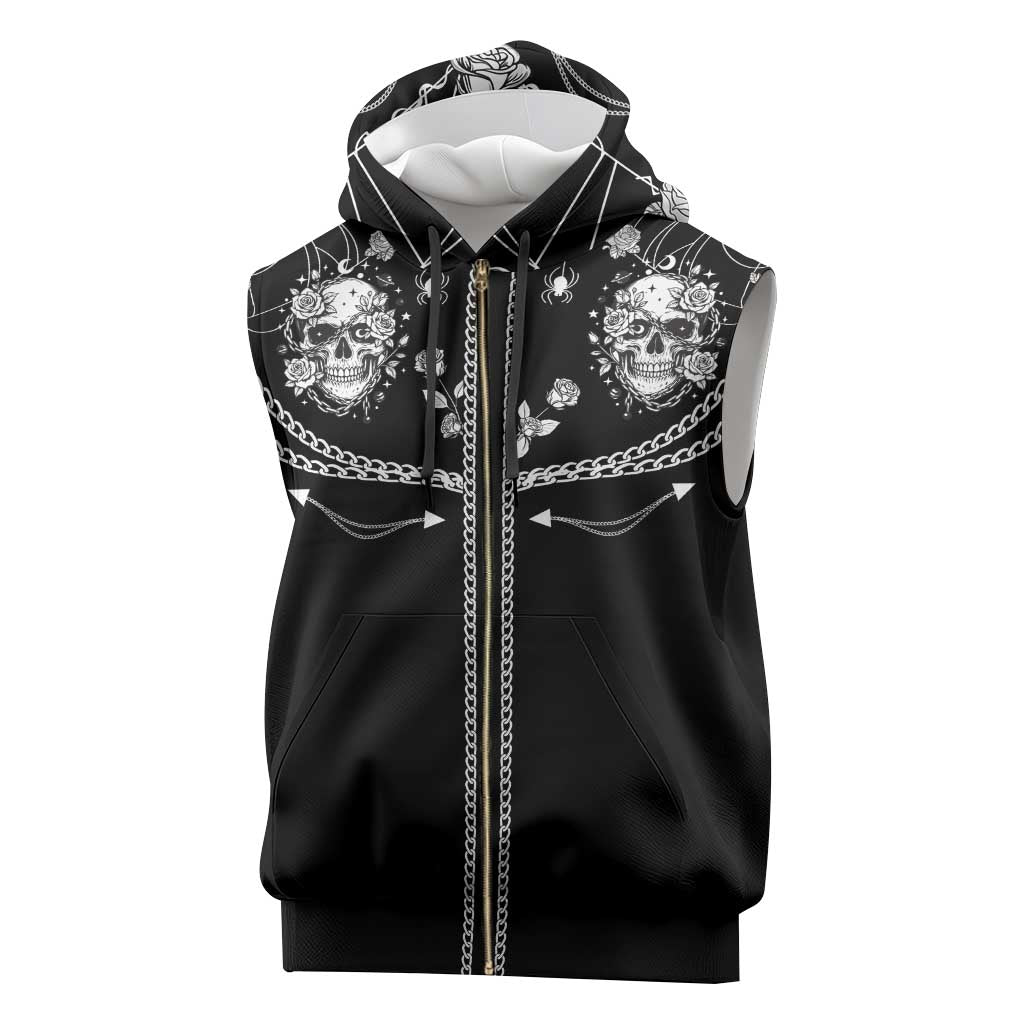 Western Gothic Yoke Sleeveless Zip Hoodie Skull Rose With Spider - Wonder Print Shop