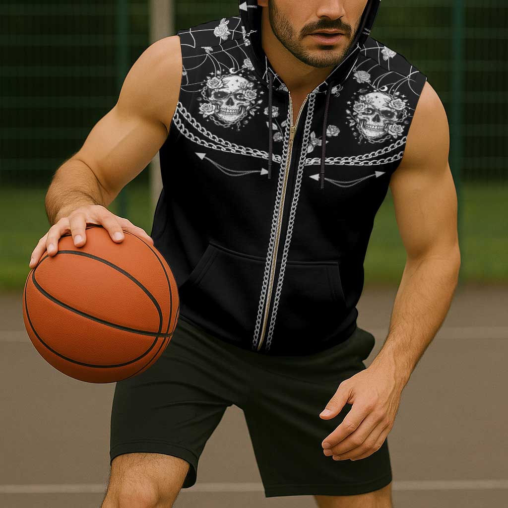 Western Gothic Yoke Sleeveless Zip Hoodie Skull Rose With Spider - Wonder Print Shop