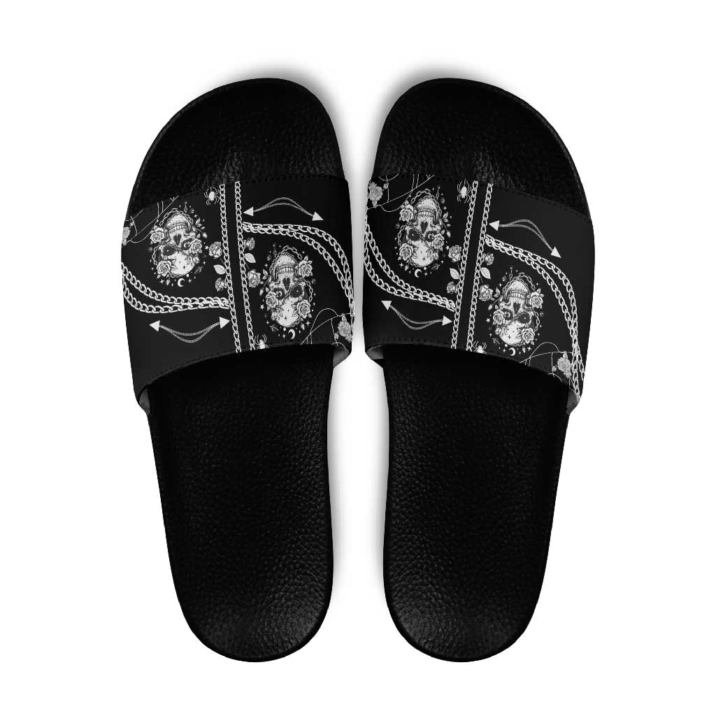 Western Gothic Yoke Slide Sandals Skull Rose With Spider - Wonder Print Shop