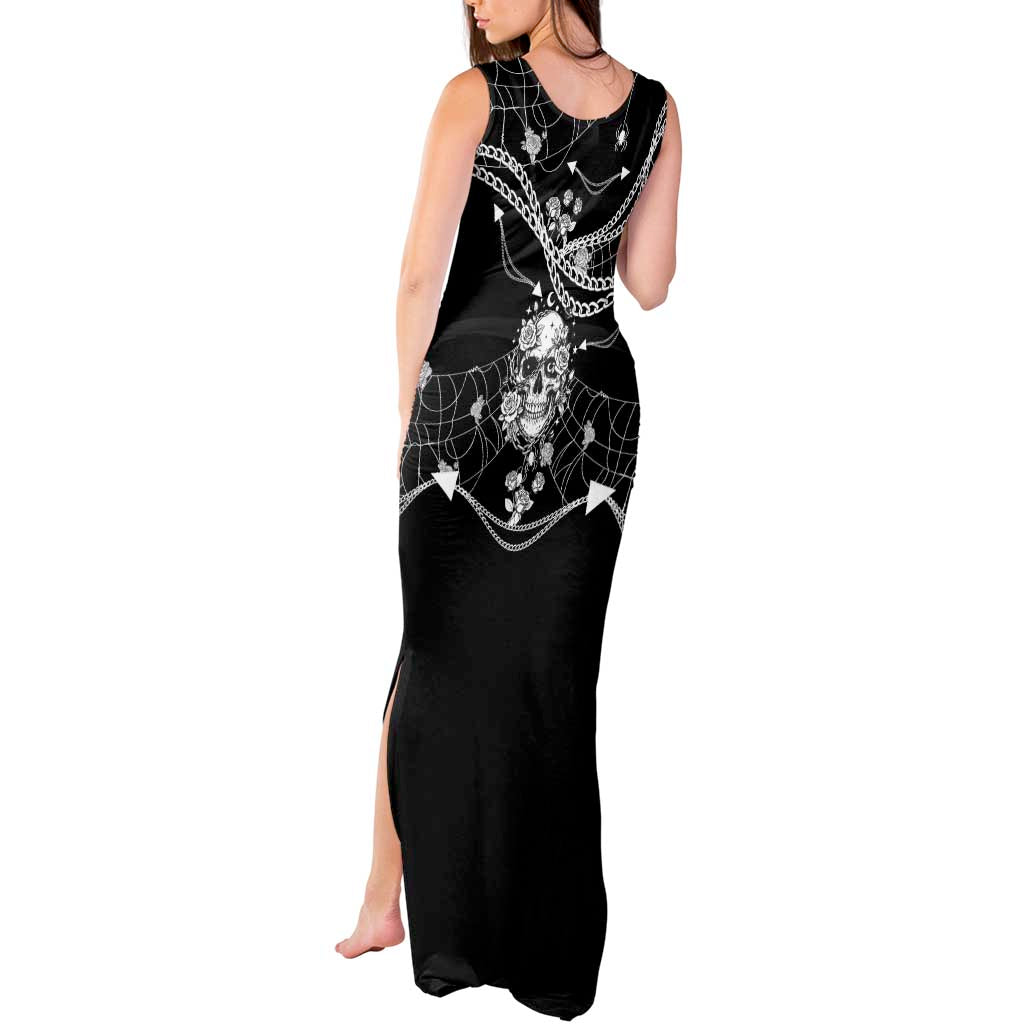 Western Gothic Yoke Tank Maxi Dress Skull Rose With Spider - Wonder Print Shop