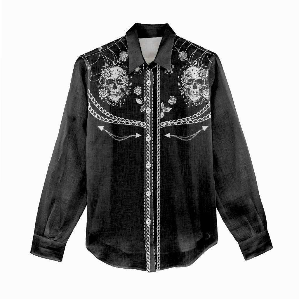 Western Gothic Yoke Women Casual Shirt Skull Rose With Spider - Wonder Print Shop