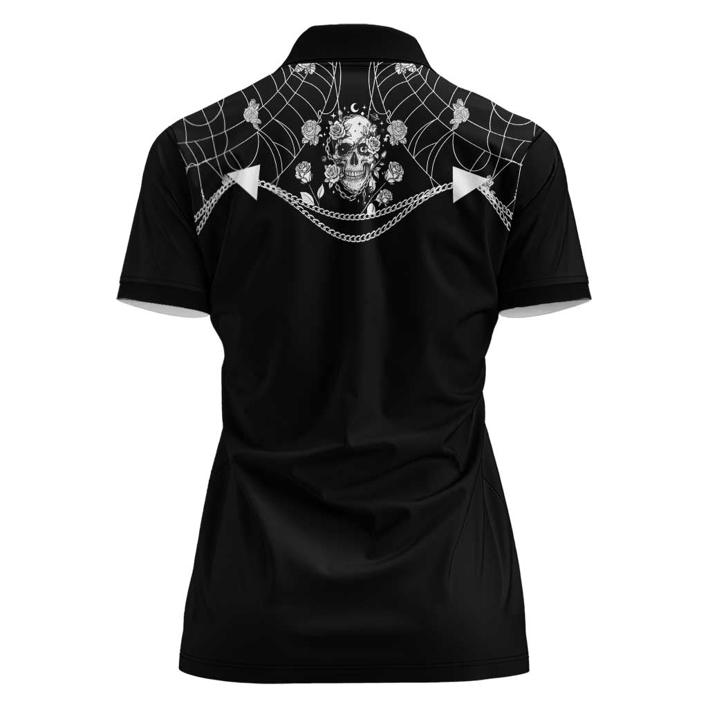 Western Gothic Yoke Women Polo Shirt Skull Rose With Spider - Wonder Print Shop