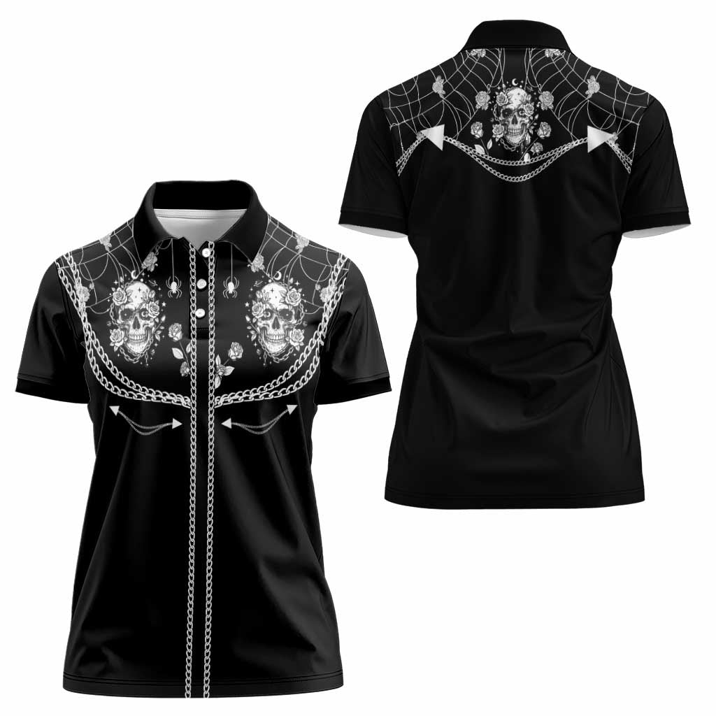Western Gothic Yoke Women Polo Shirt Skull Rose With Spider - Wonder Print Shop