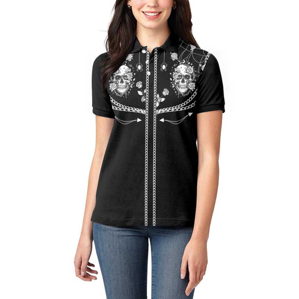 Western Gothic Yoke Women Polo Shirt Skull Rose With Spider - Wonder Print Shop